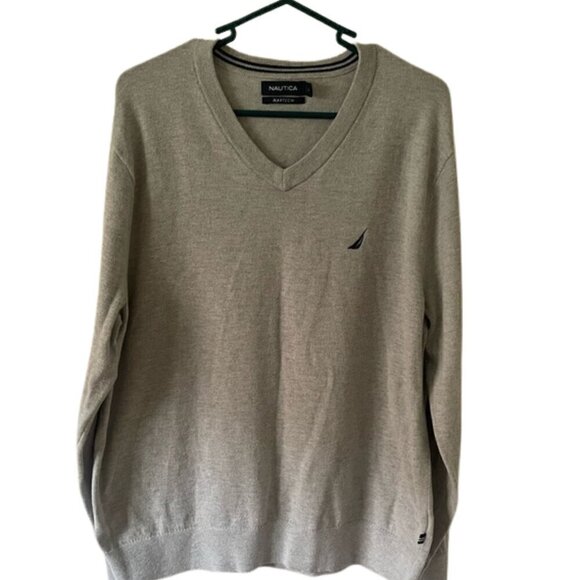 Nautica Mens Pullover Sweater Gray Heathered V Neck Long Sleeve L - Picture 1 of 7